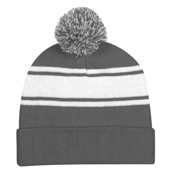 Two-Tone Knit Pom Beanie With Cuff - Two-Tone Knit Pom Beanie With Cuff - Image 9 of 33