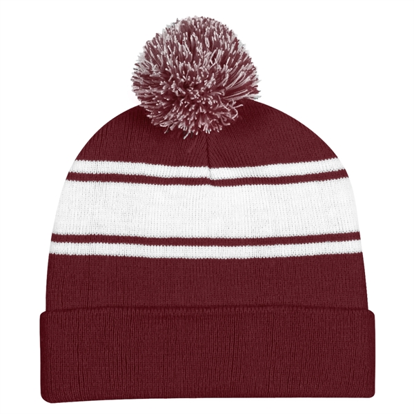 Two-Tone Knit Pom Beanie With Cuff - Two-Tone Knit Pom Beanie With Cuff - Image 6 of 33