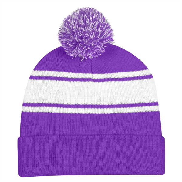 Two-Tone Knit Pom Beanie With Cuff - Two-Tone Knit Pom Beanie With Cuff - Image 22 of 33
