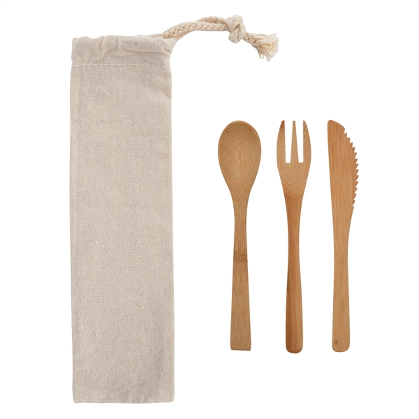 3 Piece Bamboo Utensil Set In Travel Pouch - 3 Piece Bamboo Utensil Set In Travel Pouch - Image 1 of 4