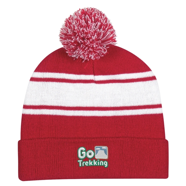 Two-Tone Knit Pom Beanie With Cuff - Two-Tone Knit Pom Beanie With Cuff - Image 26 of 33