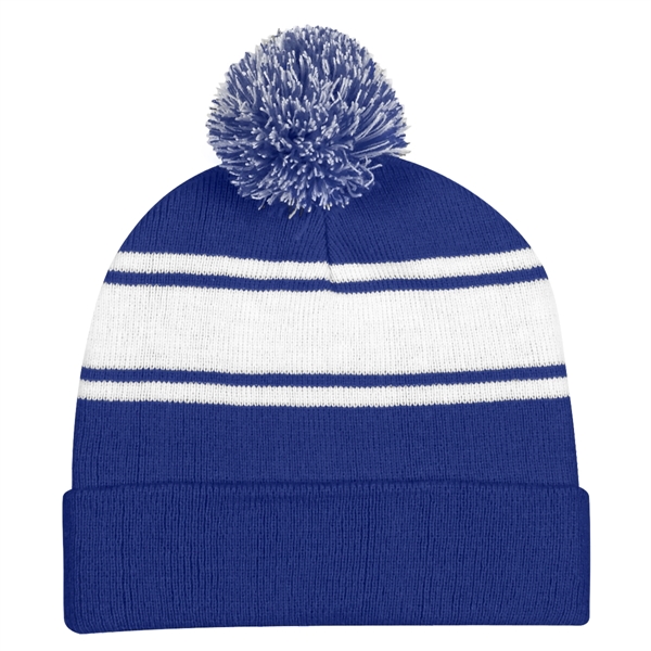 Two-Tone Knit Pom Beanie With Cuff - Two-Tone Knit Pom Beanie With Cuff - Image 30 of 33
