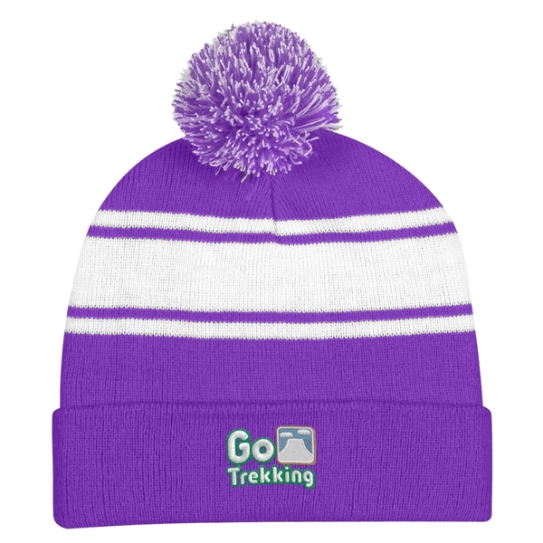 Two-Tone Knit Pom Beanie With Cuff - Two-Tone Knit Pom Beanie With Cuff - Image 21 of 33
