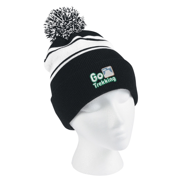 Two-Tone Knit Pom Beanie With Cuff - Two-Tone Knit Pom Beanie With Cuff - Image 3 of 33