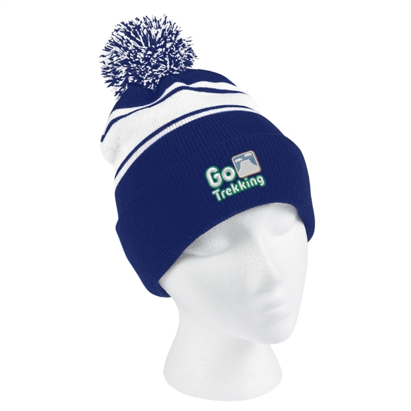 Two-Tone Knit Pom Beanie With Cuff - Two-Tone Knit Pom Beanie With Cuff - Image 31 of 33
