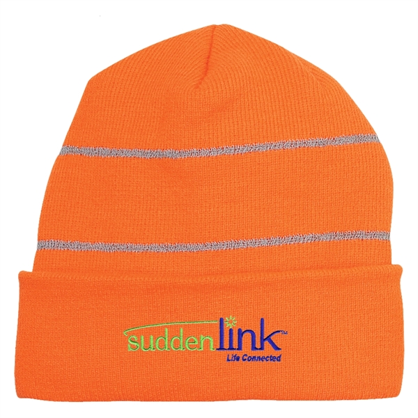 Knit Cuff Beanie With Reflective Stripes - Knit Cuff Beanie With Reflective Stripes - Image 1 of 4
