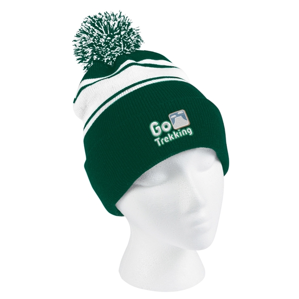 Two-Tone Knit Pom Beanie With Cuff - Two-Tone Knit Pom Beanie With Cuff - Image 15 of 33