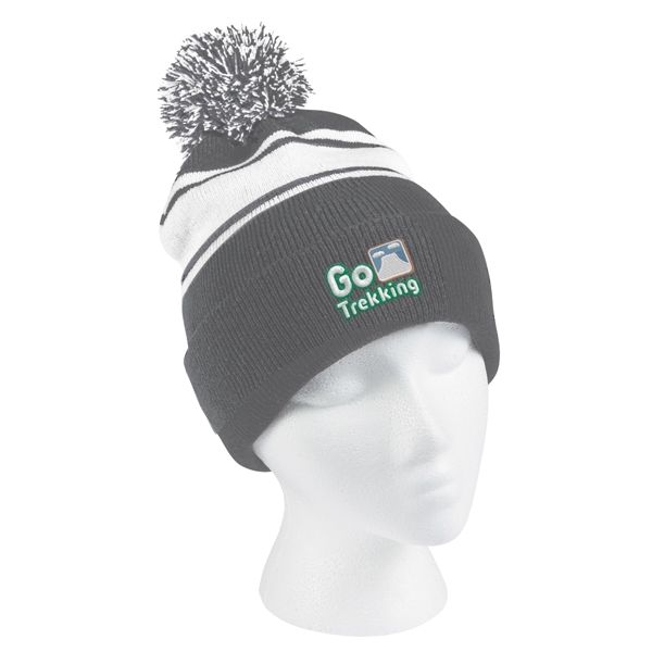 Two-Tone Knit Pom Beanie With Cuff - Two-Tone Knit Pom Beanie With Cuff - Image 10 of 33