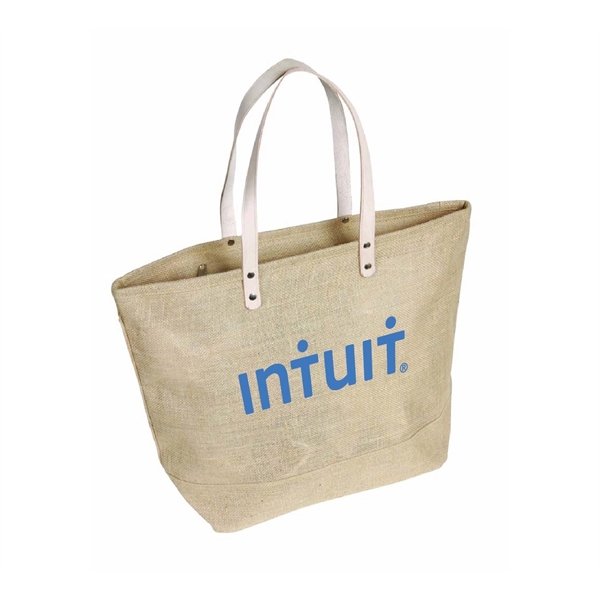 Jute Tote Bag with Leather Handles/Zipper Closure and Pocket - Jute Tote Bag with Leather Handles/Zipper Closure and Pocket - Image 0 of 1