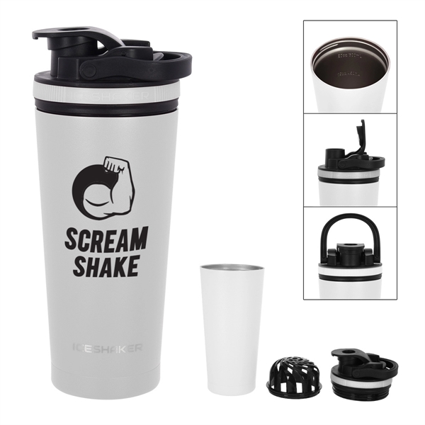Custom T-Shirts, Screen Printing, Embroidery, Hats, Apparel, Near Me: IceShaker  36oz Steel Shaker Bottle - Shaker Top w/Handle & Agitator - Navy White Ombre