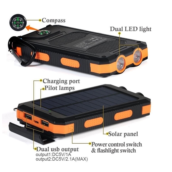 Waterproof 10000mAh Solar Power Bank wz Compass &Keyring - Waterproof 10000mAh Solar Power Bank wz Compass &Keyring - Image 0 of 3