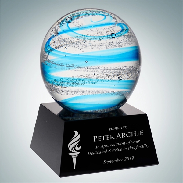 Art Glass Blue Jupiter Award with Black Base