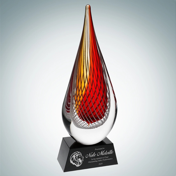 Custom Art Glass Red Orange Narrow Teardrop Award with Black Base