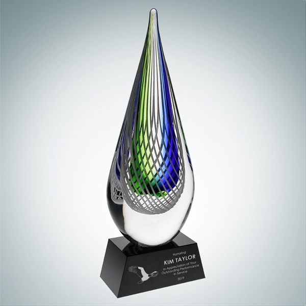Art Glass Ocean Green Narrow Teardrop Award with Black Base