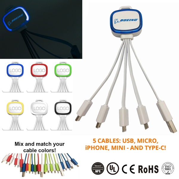 Light Up 5-In-1 Mobile USB Charging Cables - W/ Type C - Light Up 5-In-1 Mobile USB Charging Cables - W/ Type C - Image 0 of 4