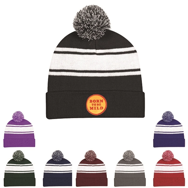 Ideal Two-tone Knitted Pom Beanie for Winter - Ideal Two-tone Knitted Pom Beanie for Winter - Image 1 of 9