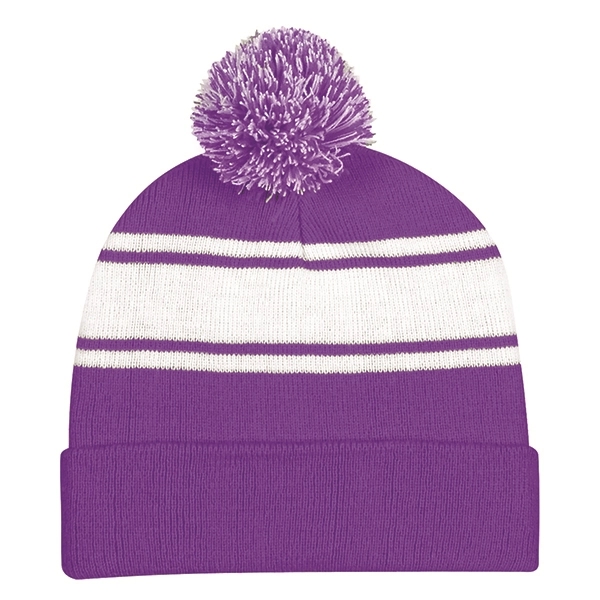 Ideal Two-tone Knitted Pom Beanie for Winter - Ideal Two-tone Knitted Pom Beanie for Winter - Image 7 of 9