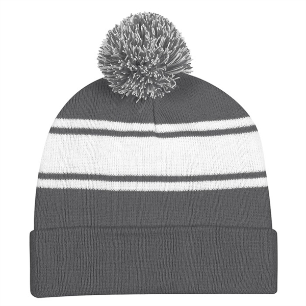 Two-Tone Knit Pom Striped Beanie With Cuff - Two-Tone Knit Pom Striped Beanie With Cuff - Image 2 of 8