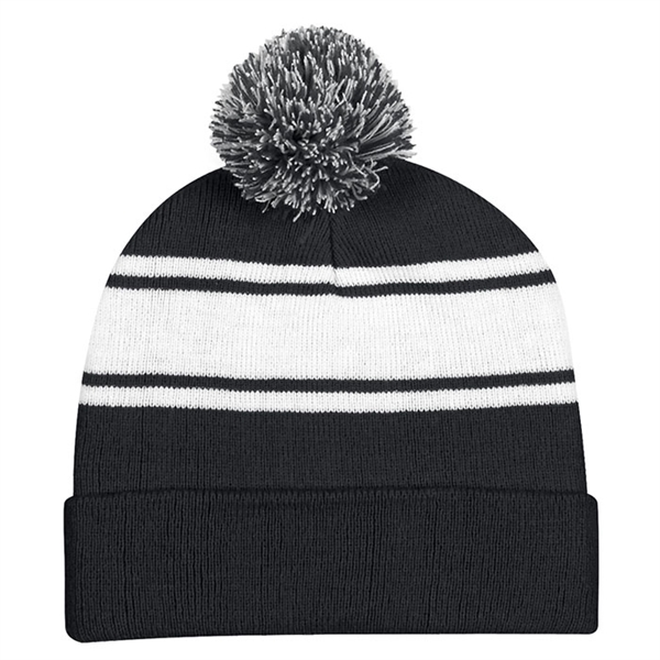 Two-Tone Knit Pom Striped Beanie With Cuff - Two-Tone Knit Pom Striped Beanie With Cuff - Image 3 of 8