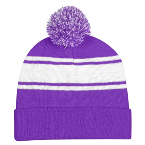 Two-Tone Knit Pom Striped Beanie With Cuff - Two-Tone Knit Pom Striped Beanie With Cuff - Image 5 of 8