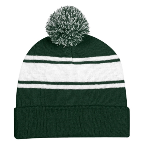 Two-Tone Knit Pom Striped Beanie With Cuff - Two-Tone Knit Pom Striped Beanie With Cuff - Image 7 of 8