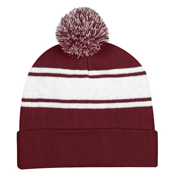 Two-Tone Knit Pom Striped Beanie With Cuff - Two-Tone Knit Pom Striped Beanie With Cuff - Image 8 of 8