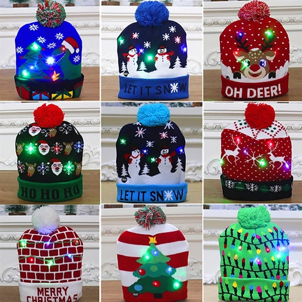 Christmas Caps Happy Holiday Snow LED Knit Hat Beanies