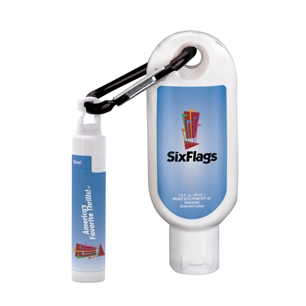 Custom 1.9 oz SPF30 Sunscreen with Carabiner and SPF15 Lip Balm