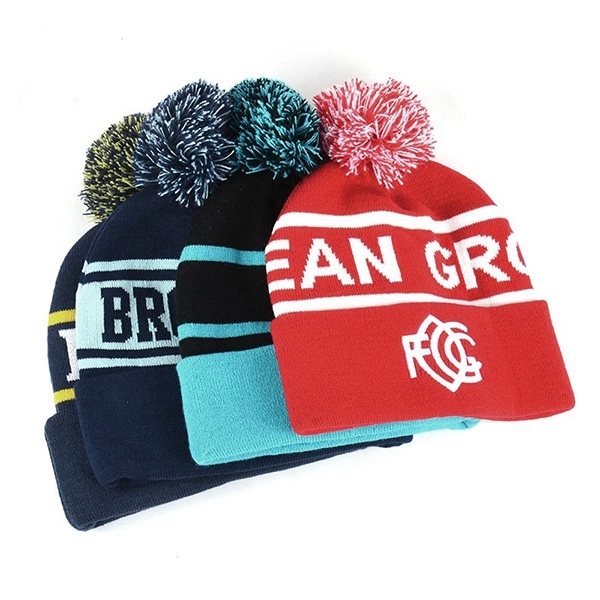 Striped Knit Beanie With Cuff and Pom-Pom - Striped Knit Beanie With Cuff and Pom-Pom - Image 0 of 1