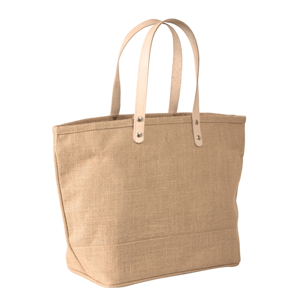 Jute Tote Bag with Leather Handles/Zipper Closure and Pocket - Jute Tote Bag with Leather Handles/Zipper Closure and Pocket - Image 1 of 1