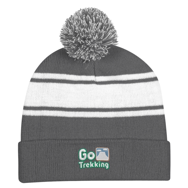 Two-Tone Knit Pom Beanie With Cuff - Two-Tone Knit Pom Beanie With Cuff - Image 12 of 33