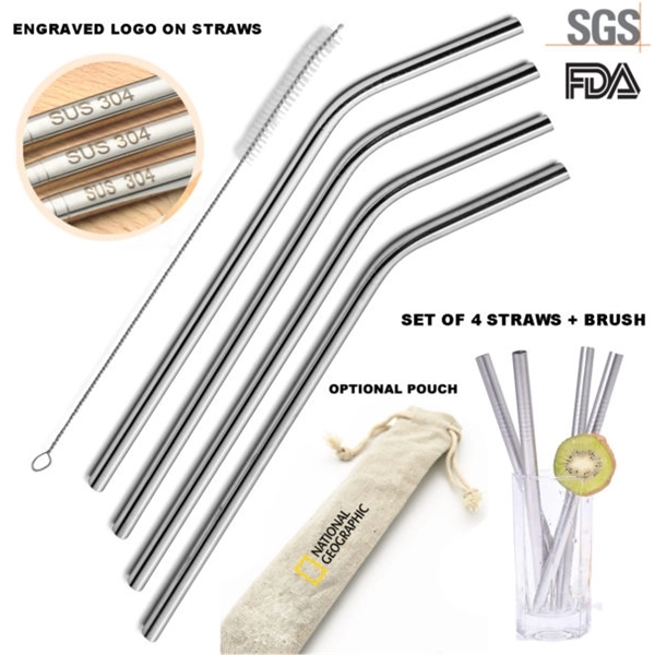 Set of 4 Stainless Steel Straws + Cleaning Brush in Gift bag - Set of 4 Stainless Steel Straws + Cleaning Brush in Gift bag - Image 0 of 8