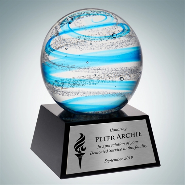 Art Glass Blue Jupiter Award w/Black Base and Silver Plate