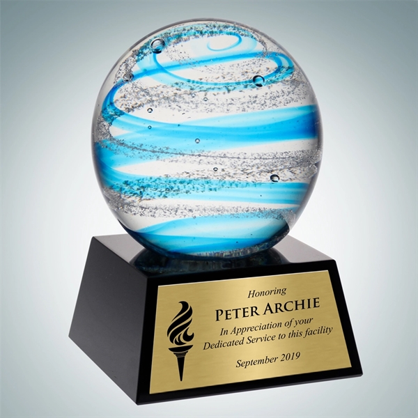 Art Glass Blue Jupiter Award w/Black Base and Gold Plate