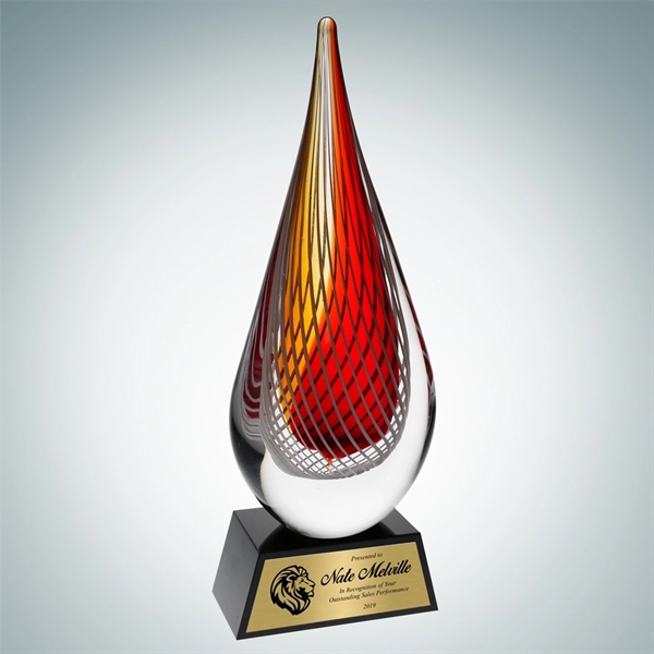 Art Glass Red Orange Narrow Teardrop Award - Gold Plate