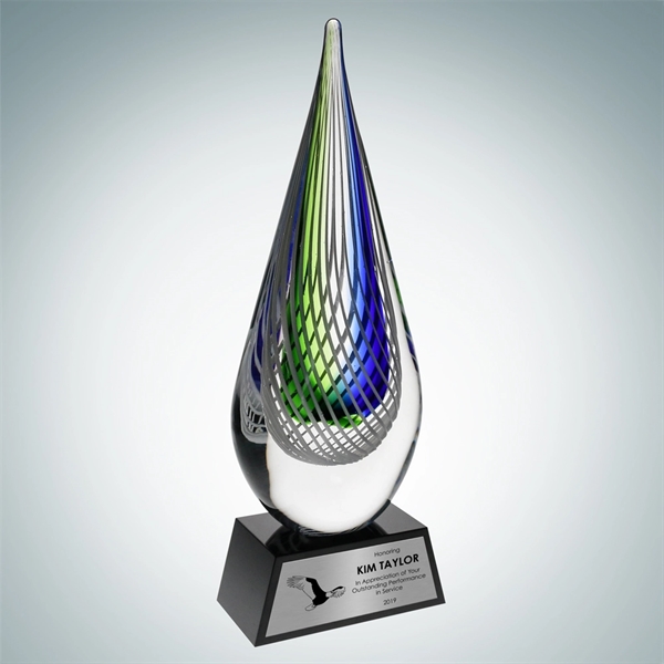 Art Glass Ocean Green Narrow Teardrop Award w/Silver Plate