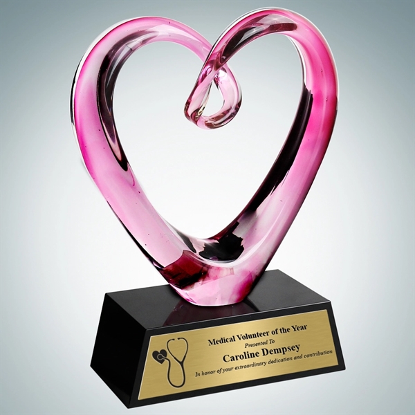 Art Glass Compassionate Pink Heart Award w/Gold Plate