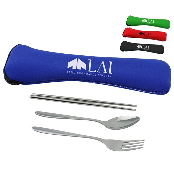 Stainless Steel Travel Utensil Set in Zipper Neoprene Pouch - Stainless Steel Travel Utensil Set in Zipper Neoprene Pouch - Image 1 of 1