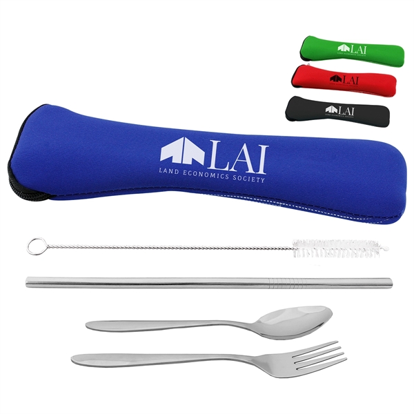 Stainless Steel Travel Utensil Set in Zipper Neoprene Pouch - Stainless Steel Travel Utensil Set in Zipper Neoprene Pouch - Image 1 of 1