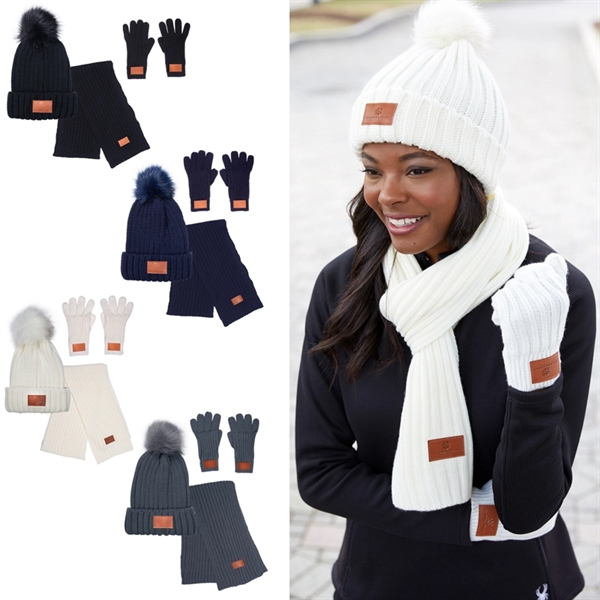Leeman 3 Pc. Rib Knit Fur Pom Winter Set - Leeman 3 Pc. Rib Knit Fur Pom Winter Set - Image 0 of 4