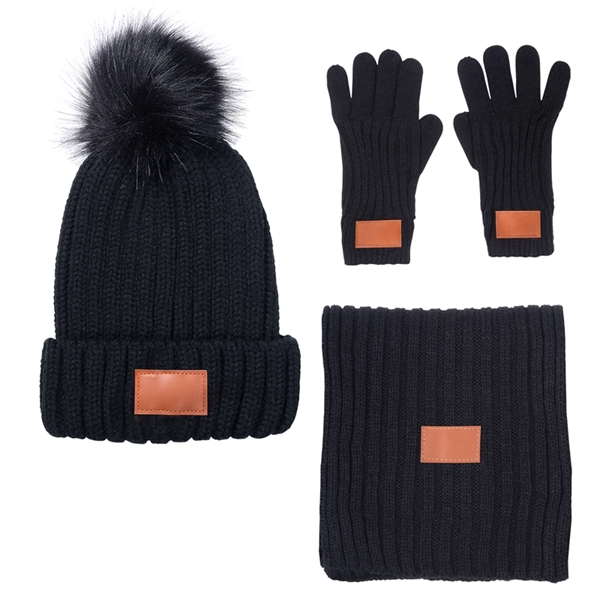 Leeman 3 Pc. Rib Knit Fur Pom Winter Set - Leeman 3 Pc. Rib Knit Fur Pom Winter Set - Image 1 of 4
