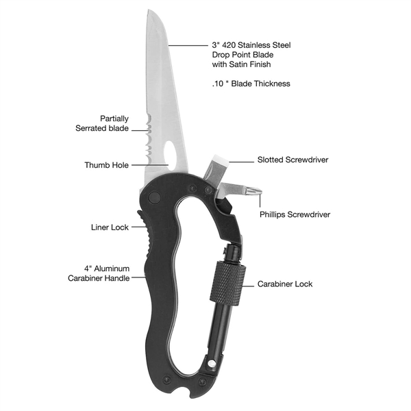 Foldable 4 in 1 Multi-tool Carabiner Pocket Knife - Foldable 4 in 1 Multi-tool Carabiner Pocket Knife - Image 4 of 5