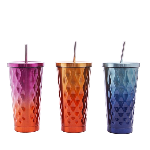 Vacuum Rhombus Pattern Stainless Steel Ice Cup with Straw - Vacuum Rhombus Pattern Stainless Steel Ice Cup with Straw - Image 3 of 3