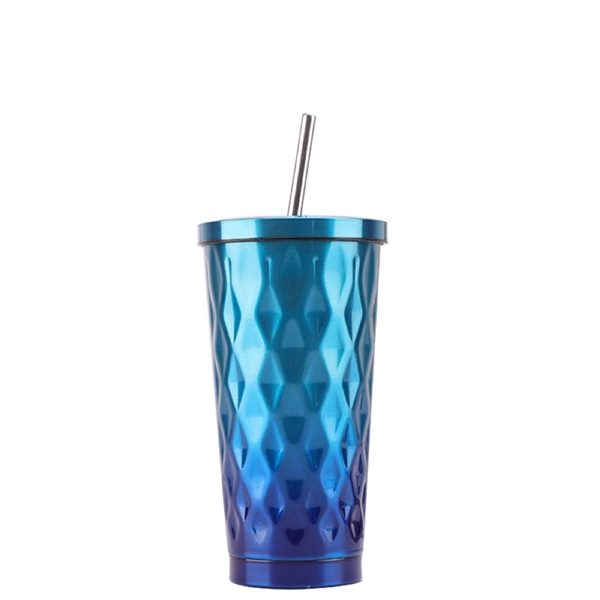 Vacuum Rhombus Pattern Stainless Steel Ice Cup with Straw - Vacuum Rhombus Pattern Stainless Steel Ice Cup with Straw - Image 1 of 3