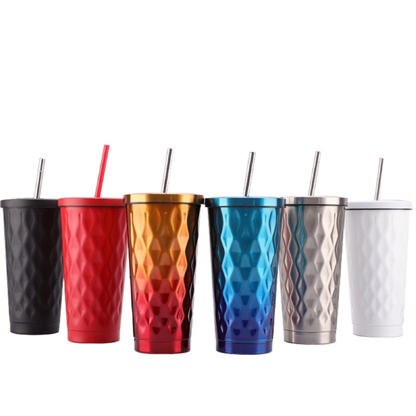 Vacuum Rhombus Pattern Stainless Steel Ice Cup with Straw - Vacuum Rhombus Pattern Stainless Steel Ice Cup with Straw - Image 2 of 3