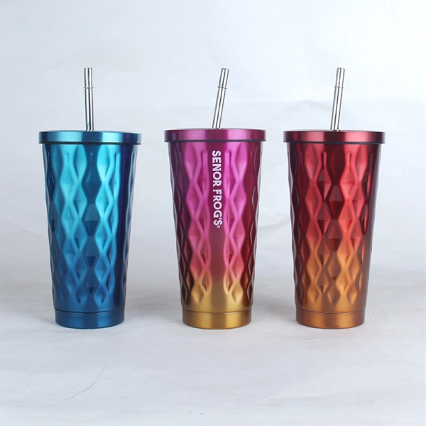Vacuum Rhombus Pattern Stainless Steel Ice Cup with Straw - Vacuum Rhombus Pattern Stainless Steel Ice Cup with Straw - Image 0 of 3