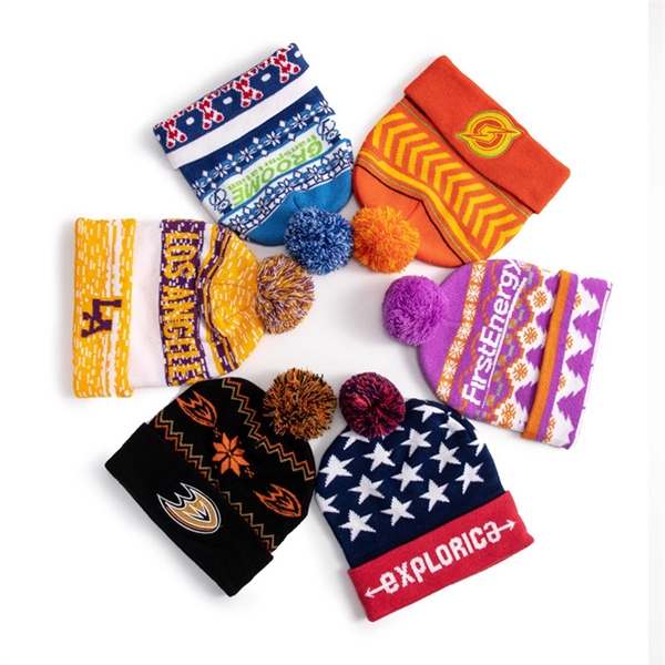 Embroidered Intarsia Knitted Cuff Beanie with Pom - Embroidered Intarsia Knitted Cuff Beanie with Pom - Image 0 of 2