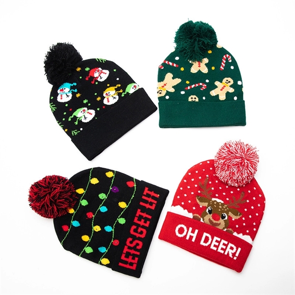 Embroidered Intarsia Knitted Cuff Beanie with Pom - Embroidered Intarsia Knitted Cuff Beanie with Pom - Image 1 of 2