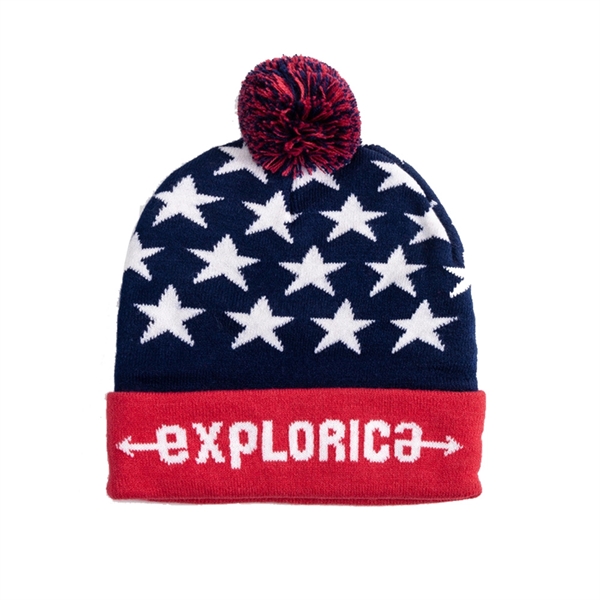 Embroidered Intarsia Knitted Cuff Beanie with Pom - Embroidered Intarsia Knitted Cuff Beanie with Pom - Image 2 of 2