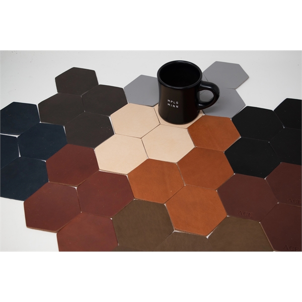 Leather Hexagon Coasters. USA Made. Add Logo or Monogram. - Leather Hexagon Coasters. USA Made. Add Logo or Monogram. - Image 1 of 2